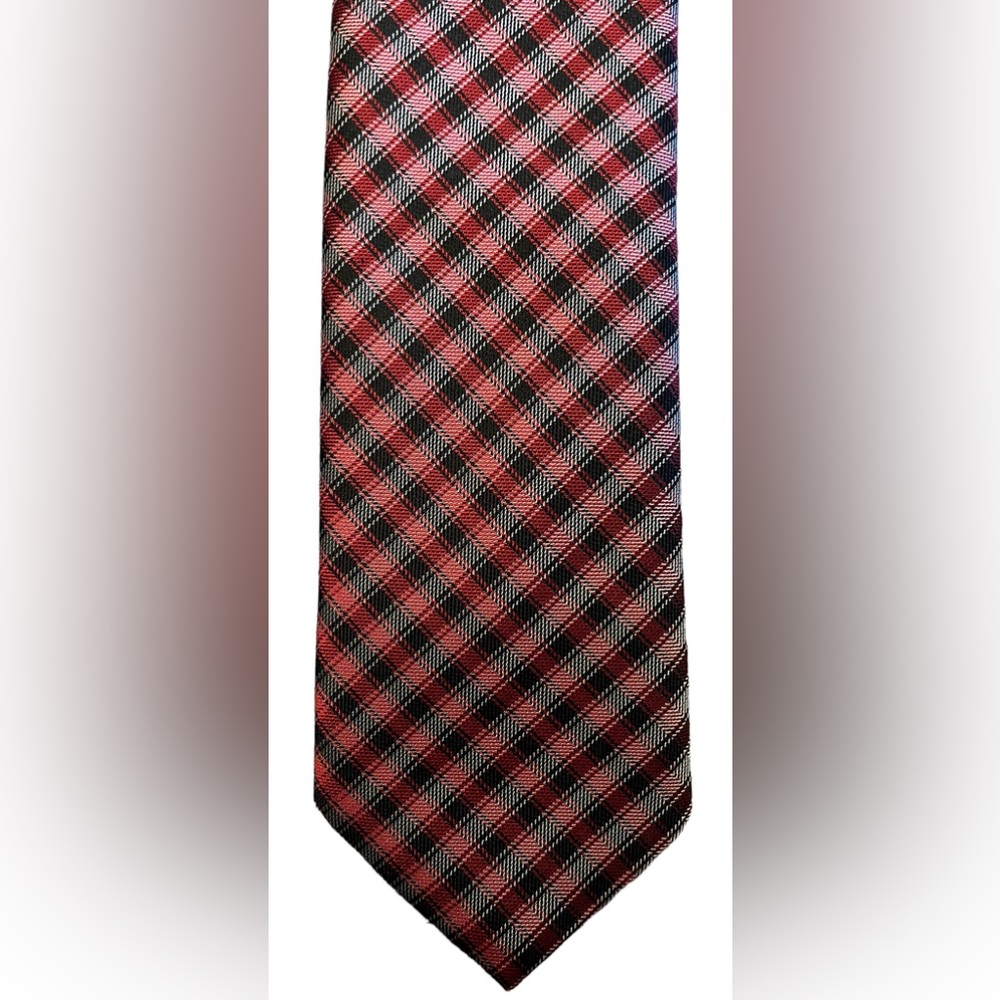 Michelsons of London Tie Red Black Checkered 100% Silk Plaid Mens Necktie